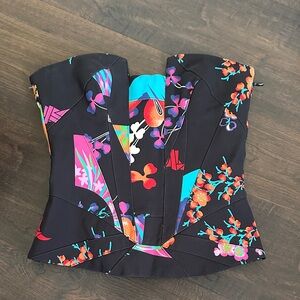 Versace Black Floral Strapless Corset Top with Multicolor Print